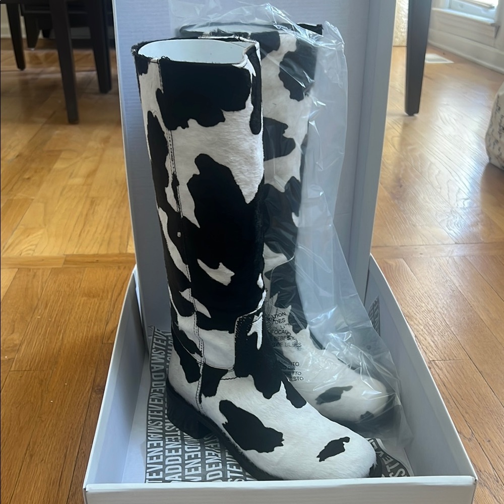 Black and White Cow Print Tall Boots